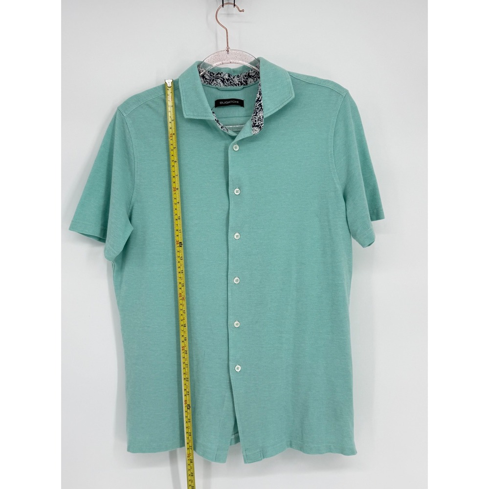 Bugatchi Mens Mint Green Pique Knit Short Sleeve Button Down Floral Trim Sz L - Picture 2 of 10